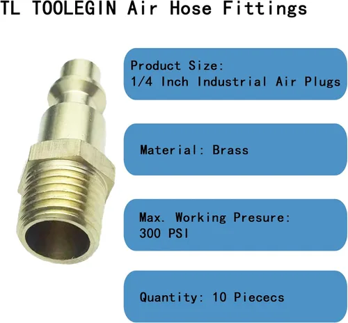 Vista 3 de Accesorios de manguera de aire de 1/4", tapones de aire de latón, accesorios de conexión rápida para compresor de aire macho NPT, kit de 10 piezas