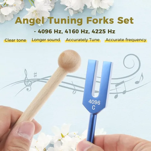 Vista 4 de Juego de diapasones Angel - 4096 Hz, 4160 Hz, 4225 Hz para sonido, instrumento musical, con martillo de madera y bolsa de almacenamiento suave