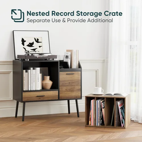 Vista 2 de Semiocthome Soporte para tocadiscos con caja de almacenamiento de vinilo anidable, mesa de tocadiscos con cajón, un gabinete, área de almacenamiento