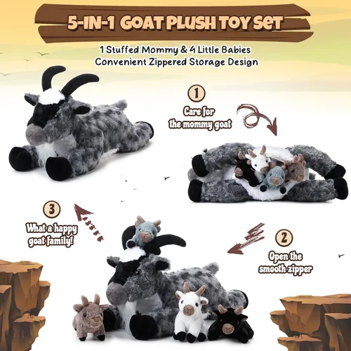 Vista 4 de HyDren Juego de 5 piezas de peluche de cabra de 18 pulgadas, peluche de cabra con 4 peluches de bebés en su barriga, almohada de felpa suave de Gris