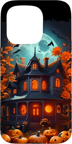 Vista 14 de iPhone 16 Halloween Spooky Haunted House Bats & Carved Pumpkins Case
