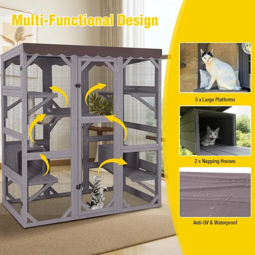 Vista 3 de Gran recinto de madera Catio para gatos al aire libre, condominio para gatos con 7 plataformas de escalada, 2 casas de siestas, panel de ventana