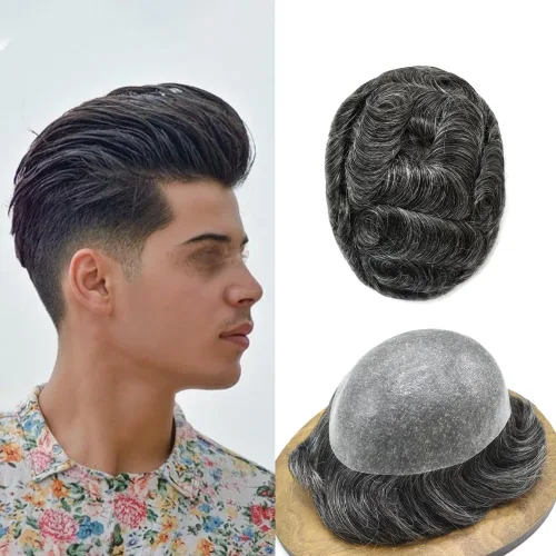 Vista 74 de PU Toupee para hombres pieza de pelo real sistema de reemplazo de cabello humano para hombres Toupee pieza de pelo para hombres piel polivinílica