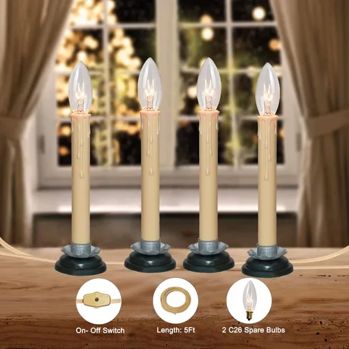 Vista 3 de SUNSGNE Juego de 4 velas eléctricas para ventana, 7 pulgadas enchufables con bombillas C26 de 7 W, velas eléctricas con base de hierro de ciruela