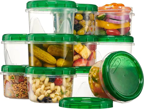 Vista 15 de PLASTICPRO Paquete de 6 recipientes de almacenamiento de alimentos con tapa giratoria con rosca verde, recipientes reutilizables de 4 onzas
