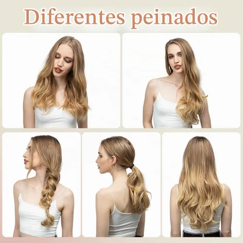 Vista 5 de SARLA Extensiones de cabello sintético con clip, parte en U, largo, ondulado, rizado, grueso, de cabeza completa, para mujer, rubio playa, 24 Playa