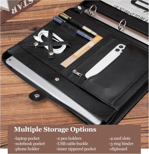 Vista 4 de Carpeta de 3 anillos de cuero vegano con portapapeles, mango oculto, 8.5 x 11 pulgadas con cremallera, organizador de negocios, folio ejecutivo Negro