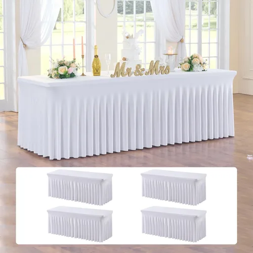 Vista 15 de Paquete de 2 manteles de elastano azul bebé de 6 pies con falda de mesa con volantes, manteles ajustables elásticos sin arrugas para mesas