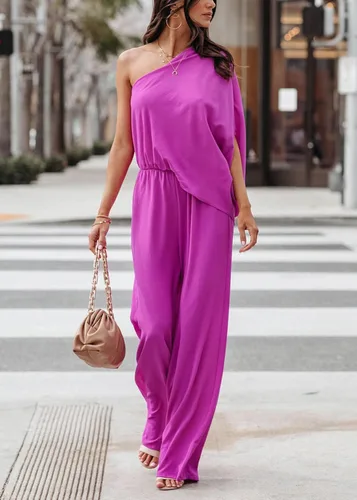 Vista 2 de DRESSMECB Women's Jumpsuit Casual Summer Rompers One Shoulder Loose High Waist Baggy Wide Leg Jumpers Purple