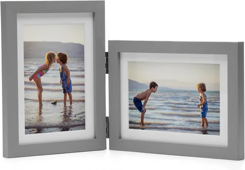 Vista 48 de Marcos de Fotos Dobles 4x4 con Bisagras Plegables en Negro para Colgar en la Pared o Poner en Mesa, Hechos de Madera de Pino con Vidrio Real P-44 *