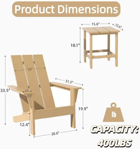Vista 2 de 3 sillas Adirondack resistentes a todo tipo de clima, silla Adirondack de plástico HDPE con mesa de textura de madera, silla de césped para piscina