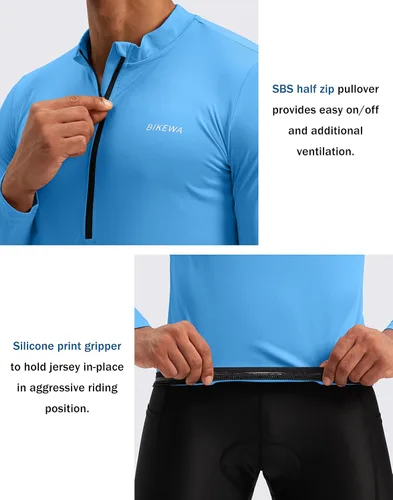 Vista 4 de Bikewa Maillot de ciclismo para hombre con 3+1 bolsillos traseros con cremallera, manga larga, absorción de humedad, UPF 50+ media cremallera