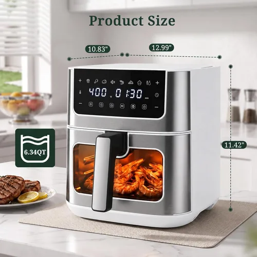 Vista 2 de Freidora de aire, freidora de aire de 6.34 cuartos de galón con ventana de visión, 8 preajustes de alimentos con calor máximo de 400 °F para freír