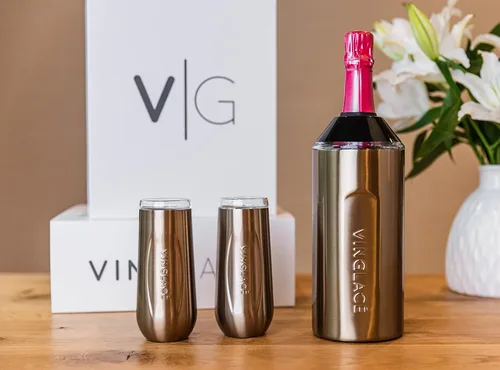 Vista 8 de Vinglacé Enfriador de botellas de champán, enfriador de vino espumoso portátil de acero inoxidable con 2 copas de champán sin tallo, cobre