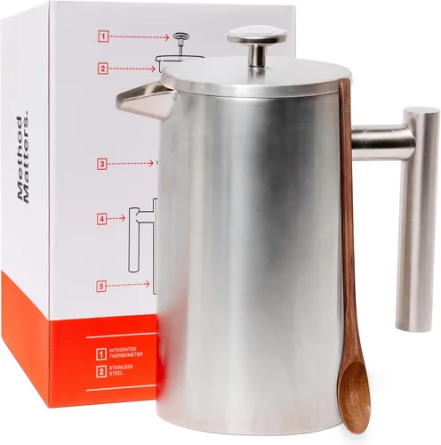 Vista 7 de Barista Warrior - Cafetera de prensa francesa, prensa francesa aislada de acero inoxidable de doble pared con termómetro integrado, cafetera de Negro