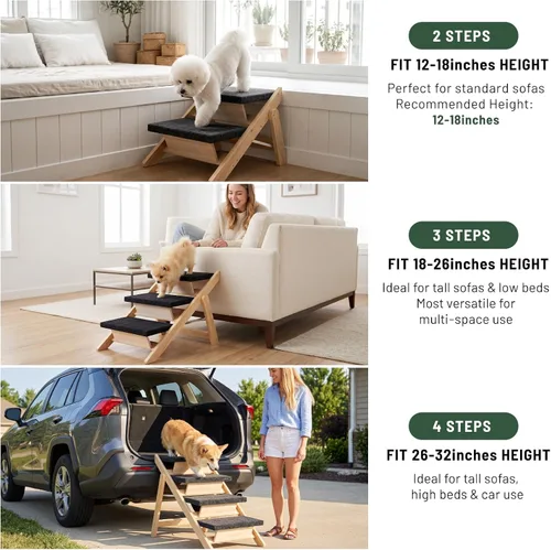 Vista 7 de Escaleras para perros, rampa para cama, escaleras y rampa plegables de madera 2 en 1 para mascotas, escalón portátil para perros de hasta 180 libras