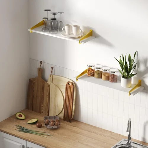 Vista 4 de upsimples Estantes de pared para decoración, estantes flotantes largos de oro blanco para montar en la pared, estantes de madera rústica resistentes