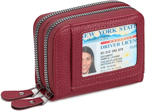 Vista 9 de RNIEGA Cartera pequeña de piel con bloqueo RFID para tarjetas de crédito, cartera pequeña para mujer, doble cremallera con ventana de identificación