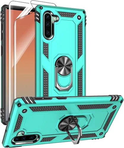 Vista 11 de Funda para Samsung Galaxy Note 10, Note10 con protectores de pantalla HD, soporte de anillo de metal de grado militar con soporte de anillo de Negro