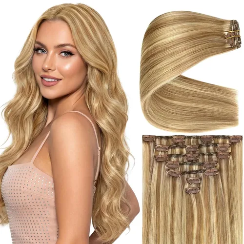 Vista 46 de Ve Sunny Extensiones de cabello clip-in de cabello humano real con reflejos, extensiones de cabello con clip para cabello corto, marrón oscuro