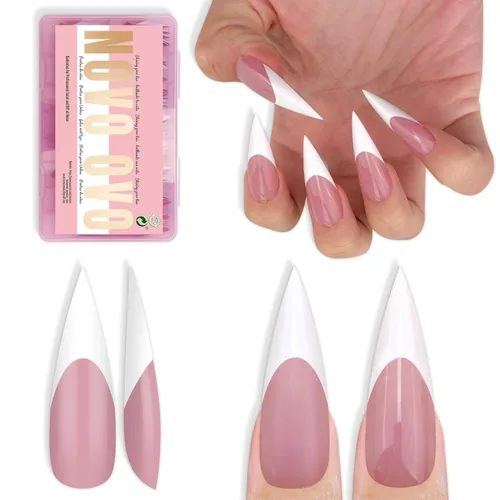 Vista 12 de NOVO OVO - Puntas de uñas postizas largas XL, puntiagudas, de tacón aguja, autoadhesivas, extra largas, gruesas, de gel suave, doble mate
