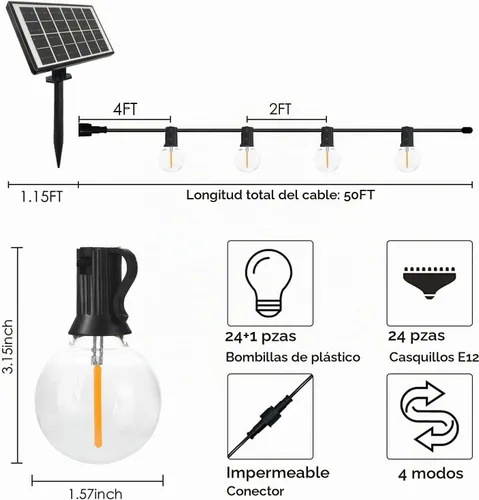 Vista 2 de SUNTHIN Tira de luces solares de 50 pies, luces solares recargables por USB para exteriores con 24 bombillas LED G40 impermeables e inastillables
