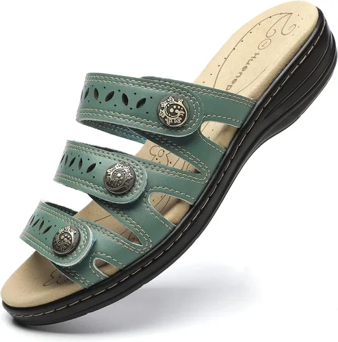 Vista 12 de Sandalias de cuero cómodas para mujer, ligeras, planas, bonitas, sin cordones, informales, para caminar Beige