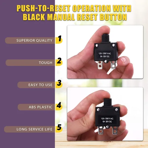 Vista 6 de Swpeet Disyuntor térmico de 30 piezas de 5 amperios con terminales de conexión rápida y tapas de botón impermeables, kit surtido, interruptor