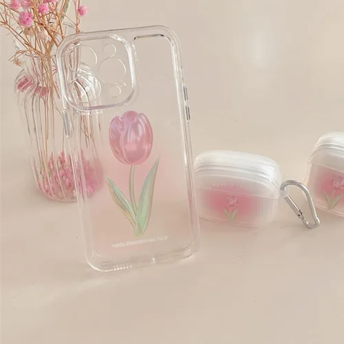 Vista 3 de Funda para iPhone 13 Pro Max, bonita funda estética de tulipanes rosas transparentes para mujeres y niñas