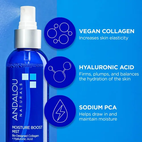 Vista 3 de Andalou Naturals Face Mist, Spray facial con ácido hialurónico y colágeno, cuidado de la piel hidratante e hidratante para piel seca y deshidratada