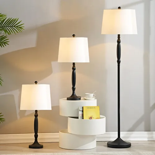 Vista 5 de Maxax Juego de 3 lámparas de mesa y lámpara de pie, lámparas tradicionales con pantalla de tela de lino blanco para sala de estar, dormitorio, sala
