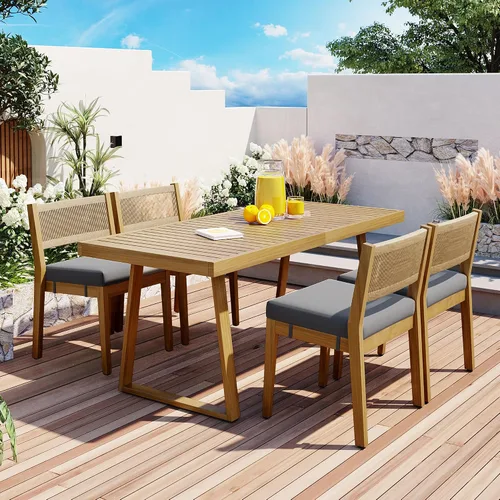 Vista 10 de RUNNA Juego de mesa de comedor de 6 piezas, juegos de muebles de exterior con agujero para paraguas, mesa rectangular de 71 pulgadas, sillas y banco