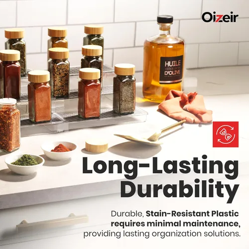 Vista 6 de Oizeir Estante organizador de especias expandible – 3 niveles – Estante transparente ajustable para organización de especias para armario de cocina