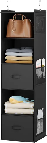 Vista 8 de YOUDENOVA Organizador colgante de armario, estantes colgantes de armario de 5 niveles con 6 bolsillos laterales y 2 cajones, color beige
