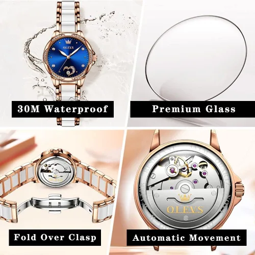 Vista 5 de OLEVS Relojes de oro rosa para mujer relojes automáticos con pulsera de cerámica de acero inoxidable de dos tonos relojes de cuerda automática