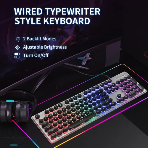 Vista 2 de Teclado estilo máquina de escribir con panel de metal, retroiluminación LED arcoíris, teclas redondas, anti-fantasma, resistente a derrames, luz USB
