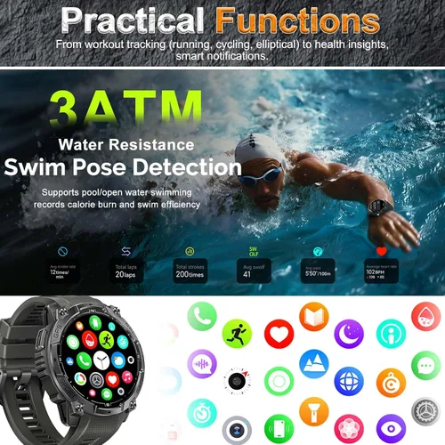 Vista 7 de Relojes inteligentes militares para hombres con GPS integrado de 1.43 pulgadas, pantalla AMOLED de 3 ATM, resistente al agua, reloj inteligente