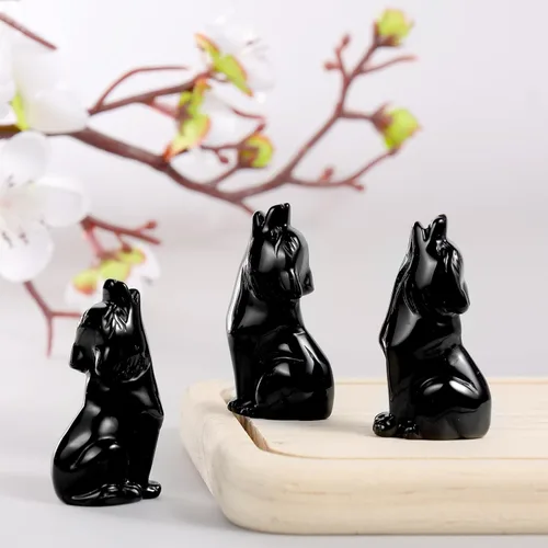 Vista 3 de Artistone Estatua de lobo de obsidiana negra de 2 pulgadas, adorno para decoración del hogar, escultura de animales de cristal curativo con caja
