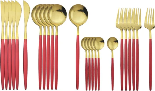 Vista 13 de Juego de cubiertos dorados con mango negro, 24 piezas de acero inoxidable brillante, cubiertos para 6, aptos para lavavajillas