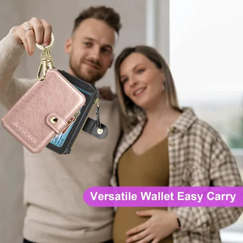 Vista 8 de Penekin Cartera con llavero con ventana de identificación, tarjetero de cuero con cremallera para mujer, Rosado, Multifunción