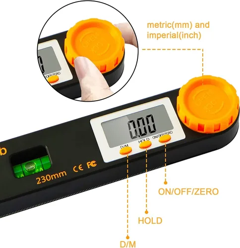 Vista 3 de Rainyb Herramienta de Búsqueda de Ángulo Digital de 7 Pulgadas 0-360 Grados con Transportador Digital LED, Niveles de Burbuja Horizontales