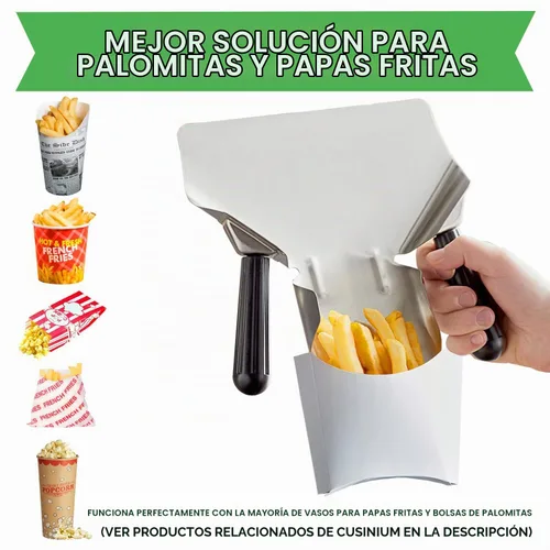 Vista 5 de CUSINIUM Juego de cuchara y escurridor de palomitas de maíz de doble asa - Cuchara de palomitas de metal - Cuchara para papas fritas