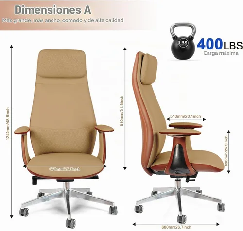 Vista 3 de Silla de oficina ejecutiva de cuero genuino con respaldo alto Marrón
