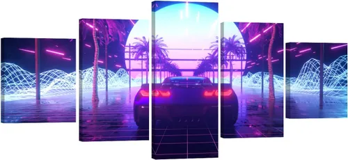 Vista 17 de Lienzo decorativo para pared, diseño de ciudad futurista Cyberpunk para sala de estar, impresión multipanel, obra de arte de cocina, pintura