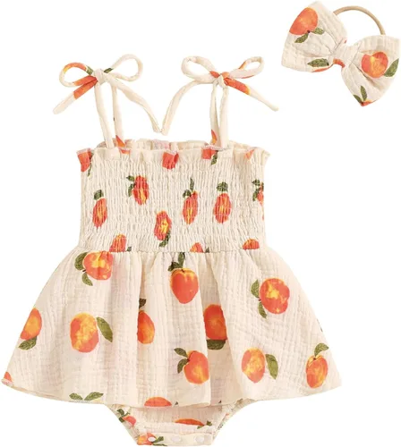 Vista 104 de Mameluco para bebés y niñas de 3, 6, 9, 12, 18 meses, enterizo de manga corta, fruncido, faldas y dobladillo, diadema