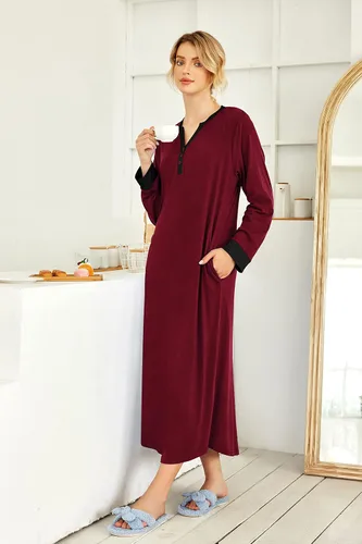 Vista 5 de Ekouaer Camisón largo para mujer con cuello en V, ropa de dormir de longitud completa con bolsillos