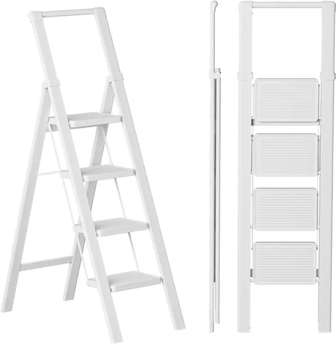 Vista 16 de SOLADDER Escalera de 2 escalones, taburete plegable, escalera de mano Blanco