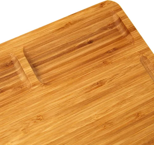 Vista 3 de Vaiyer Tabla de cortar de madera de bambú para cocina, con 3 compartimentos integrados y ranuras para jugos, bloque de carnicero, tabla de cortar