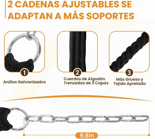 Vista 6 de Lazy Daze Hammocks Hamacas de cuerda doble de 12 pies, hamaca de algodón tejida a mano para 2 personas con barra separadora, mosquetón, correa