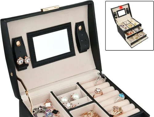 Vista 5 de Caja de joyas de piel Goldwheat con cerradura y espejo. Excelente regalo para mujeres., Cuero sintético, Negro, M
